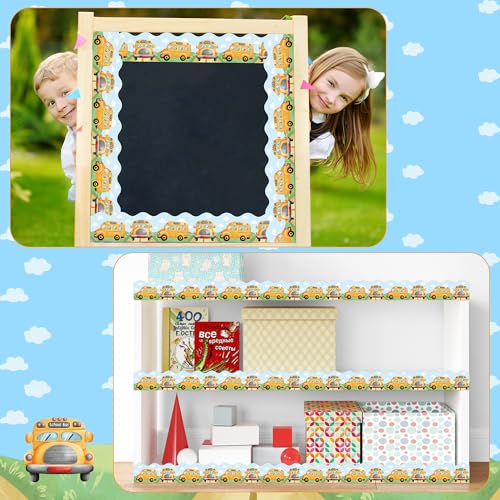 Image of BeYumi School Bus Border Trim - 65ft Back to School Bus Scalloped Rolled Border Trim Pastel Watercolor Bulletin Board Set Classroom Office Chalkboard Kindergarten Elementary Home Party Decoration