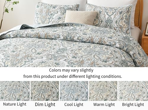Grand Linen 3-Piece Oversized Lightweight Quilt Set in California King 118” x 95” – Soft Microfiber Bedspread with 2 Shams – Pale Blue, Muted Aqua & Grey Colors - Paisley Design - Reversible Coverlet - Thumbnail 5