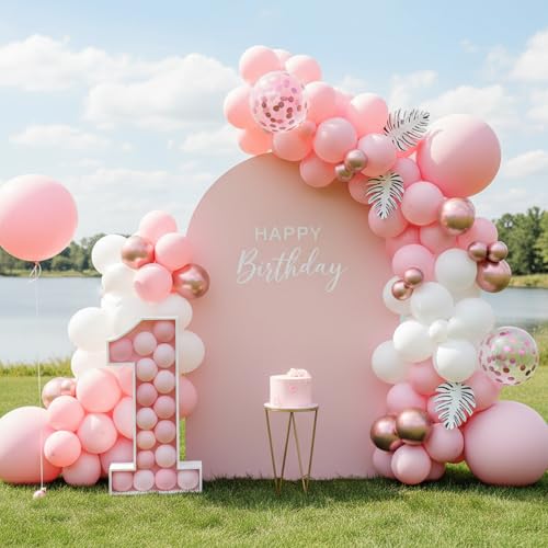Image of RUBFAC White and Pink Balloons 129pcs Different Sizes Pack of 18 12 10 5 Inch, Latex Baby Pastel Pink Balloon Garland Arch Kit for Birthday Party Wedding Anniversary Baby Shower Gender Reveal