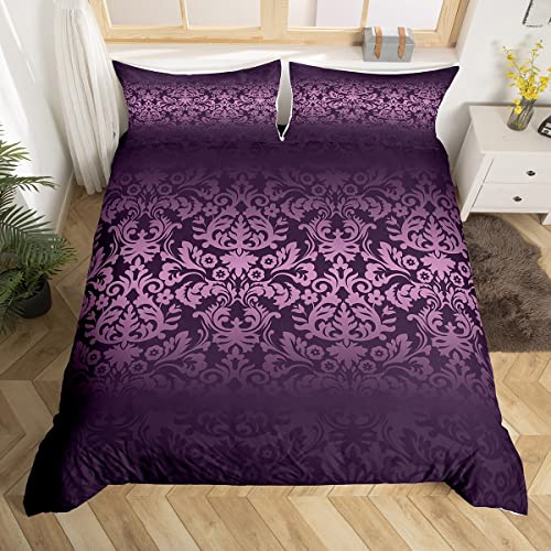 Homewish Damask Bedding Sets Double Size, Deep Purple Ombre Floral Duvet Cover Sets for Adults Women, Bohemian Paisley Damask Comforter Cover, Violet Victorian Baroque Bedding & Linen 3Pcs