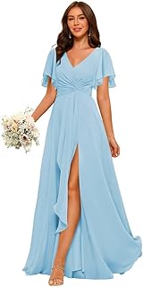 Women's Chiffon Bridesmaid Dresses with Slit 2025 Short Sleeves Formal Evening Dress PU171 - Buy now