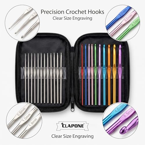 Image of CLAPONE 22 Pcs Crochet Hooks Set with Zipper Case, Aluminum Crochet Needles Kit 0.6mm-6.5mm, Color-Coded Metal Knitting Hooks for Yarn Craft, DIY Weaving & Handmade Projects