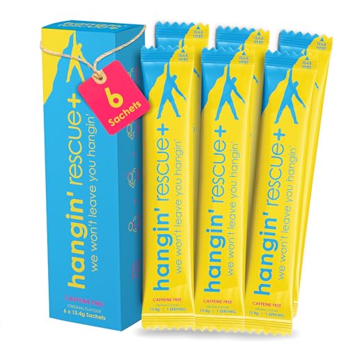 Hangin' Rescue+ Mezcla de bebida electrolítica | 6 sobres | Rehidrata, reduce la fatiga y protege las células con electrolitos, B6, C, taurina y L-cisteína | Sin cafeína | Listo para viajar | 13.4 g