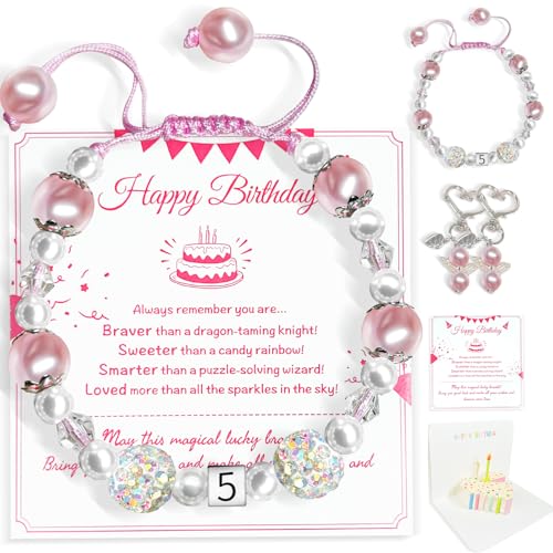 Birthday Gifts Set for Girls with 3D Birthday Card, Adjustable Pearl Charm Bracelet with Keychain for 3 4 5 6 7 8 Year，Birthday Gifts for Daughter Granddaughter Niece Girls