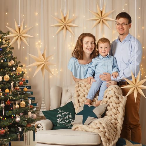 Image of 12 Inches 5 PCS Natural Paper Star Lanterns Christmas Hanging Lamp Rustic Paper Decorations Shade Wedding Birthday Christmas Home Party Decorations (9 Pointed)