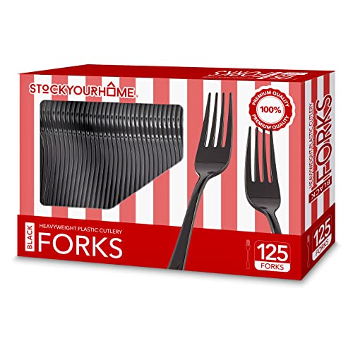 (125-Count) Plastic Forks Disposable Silverware for Dinner Heavy Duty Utensils Heavyweight Party Flatware Bulk Cutlery in Black - Stock Your Home