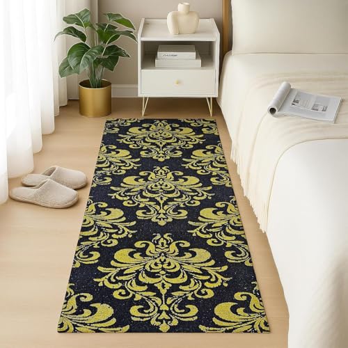 Image of SAGON 2x5 Ft Printed Runner Carpet - Cotton Bedside Rug for Bedroom & Living Room (Antique Floral Golden)
