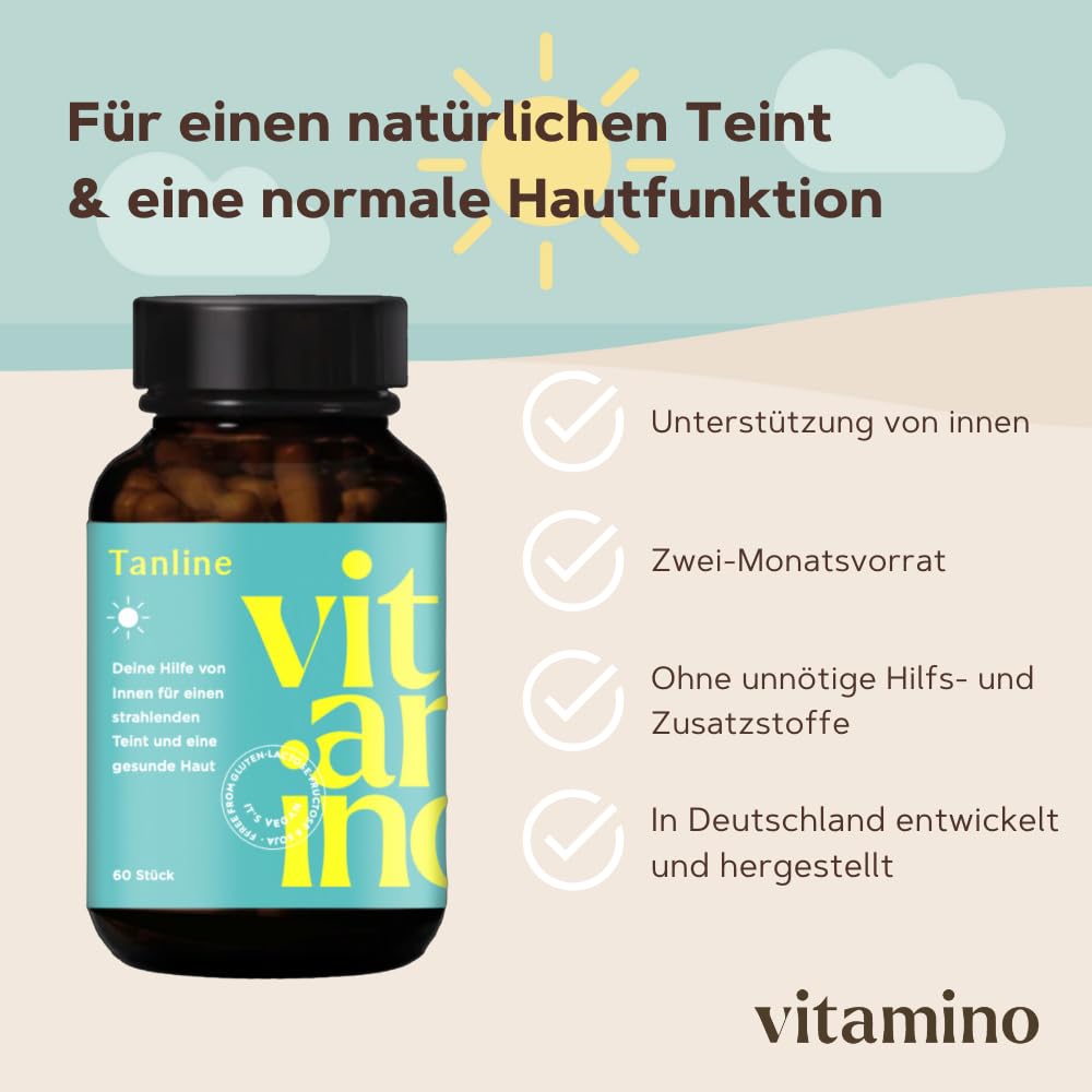 Vitamino Tanline - Beta-Carotin-Kapseln mit L-Tyrosin, Vitaminen, Biotin, Selen, Bräunungskapseln, vegan, glutenfrei, laktosefrei - 60 Kapseln