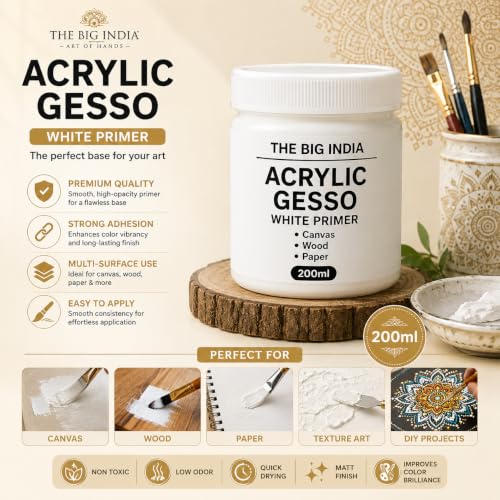 Image of Acrylic Gesso White Primer | Art & Craft Surface Sealer for Canvas, Wood, Paper, MDF & More | Smooth Matte Finish | 200ml (Pure for Sure)