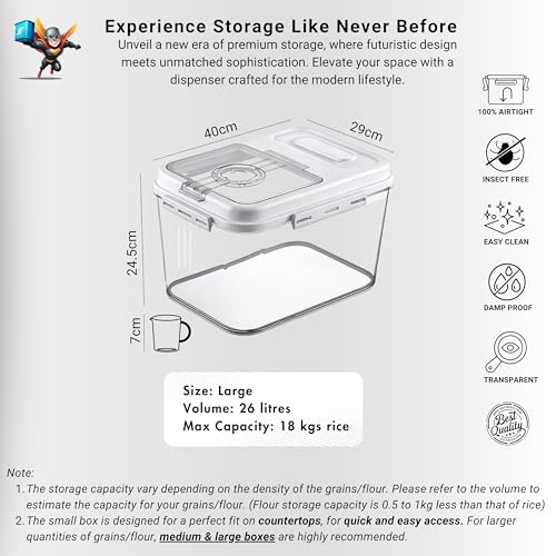 Image of Rice Storage Container Barrel | Air Tight Transparent Plastic Containers | Dal Pulses Cereal & Flour Airtight Box | Large & Big Size Modular Home Organizer (Container - Large)