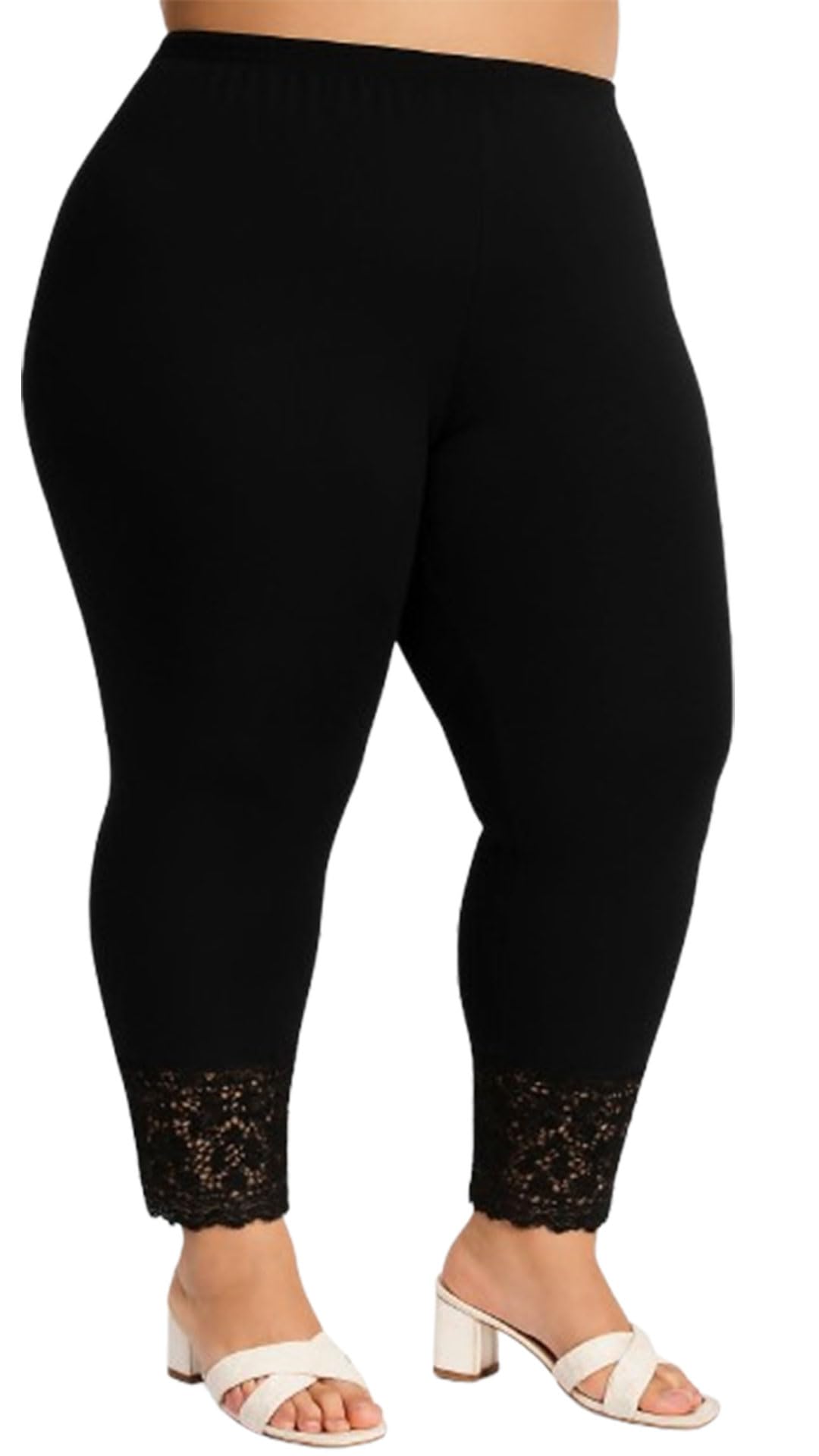 Pink Shell Cotton Leggings with Lace Trim, Plus Size, Ankle Length for Womens/Girls