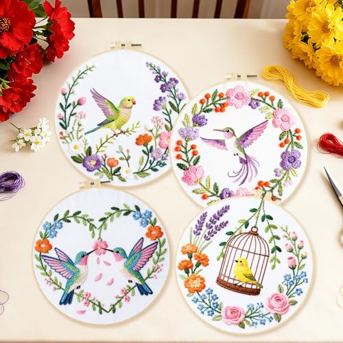 Image of BEUNITONE 4 Set Wreath and Bird Pattern Embroidery Kit for Adult Beginners