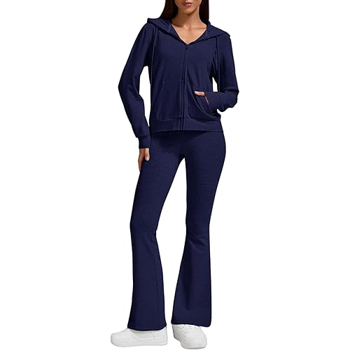 ZFLM Casual Workout Two Piece Outfits for Women Zip Up Hoodies High Waist Foldover Flare Pants Tracksuit Sets Streetwear
