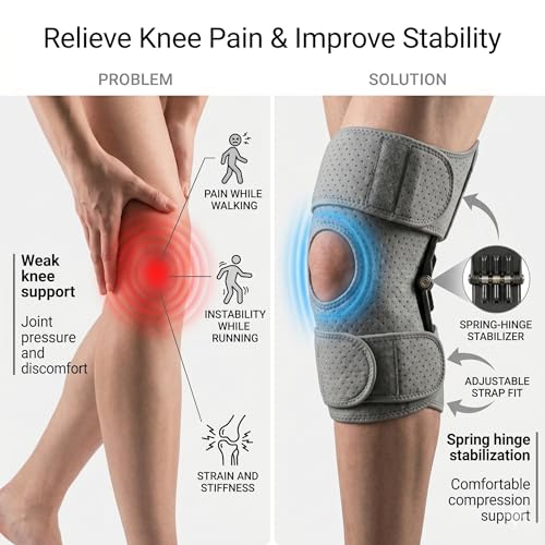 Image of JERN Knee Support Brace with Rebound Assist, Open Patella Stabilizer, Breathable Perforated Fabric, Adjustable Wrap-Around Straps for Running, Weightlifting, Outdoor Sports (Grey)