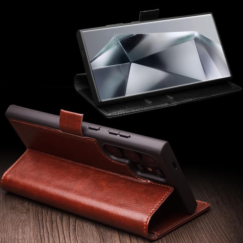 QIALINO for Samsung Galaxy S24 Ultra Leather Case, Premium Handmade Luxury Genuine Leather Wallet Flip Shockproof Case with [Card Slots] [Magnetic Closure] [Kickstand] for Galaxy S24 Ultra (Brown)