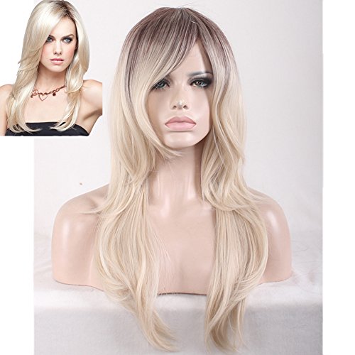 BERON 24'' Long Wavy Dark Roots Ombre Blonde Sythentic Full Wigs with Wig Cap and Comb (Brown Ombre Light Blonde)