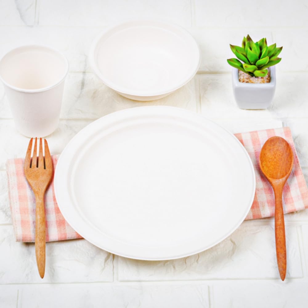 Générique 500 Assiettes rondes blanches 23cm en bagasse pulpe de canne à sucre, plusieurs diamètres disponibles, plusieurs conditionnements, pour les particuliers et professionnels (500, 23 cm)