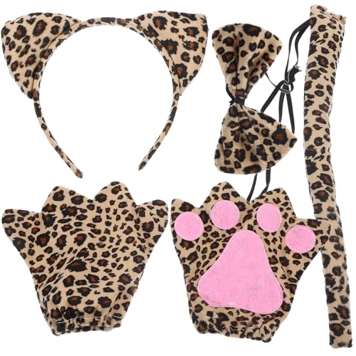 PRETYZOOM Leopard Costume Set, 4pcs Cheetah Ear Headband Cheetah Claw Gloves Leopard Tail and Bow, Cheetah Cat Csotume Props Halloween Party Supplies