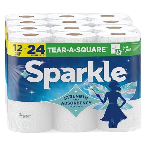 Sparkle Tear-A-Square Paper Towels, 12 Double Rolls - Strong 2-Ply Towels for Kitchen Cleanup and Everyday Messes