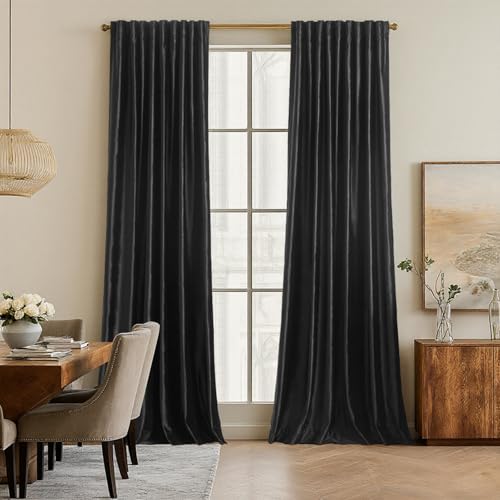 Image of 100% Blackout Black Velvet Curtains 102 inch Long for Living Room,Elegant 2 Panel Back Tab Thermal Insulated Room Darkening Curtain with Liner Heavy Noice Reducing Soundproof Window Drapes for Bedroom