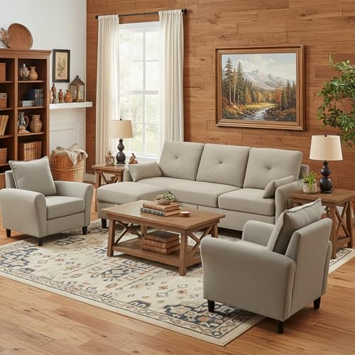 Portaforta Sectional Sofa Set, 77' Convertible Sofa and 2 Pieces 35' Accent Chair, Small 3 Seat L Shaped Couch with Storage Ottoman, Modern Couch for Living Room, Office, Apartment, Beige