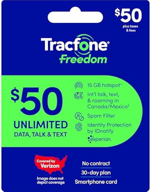 Tracfone $50 Prepaid 30-Day Smartphone Plan: Unlimited Talk/Text/Data + 15GB Hotspot [Physical Card]
