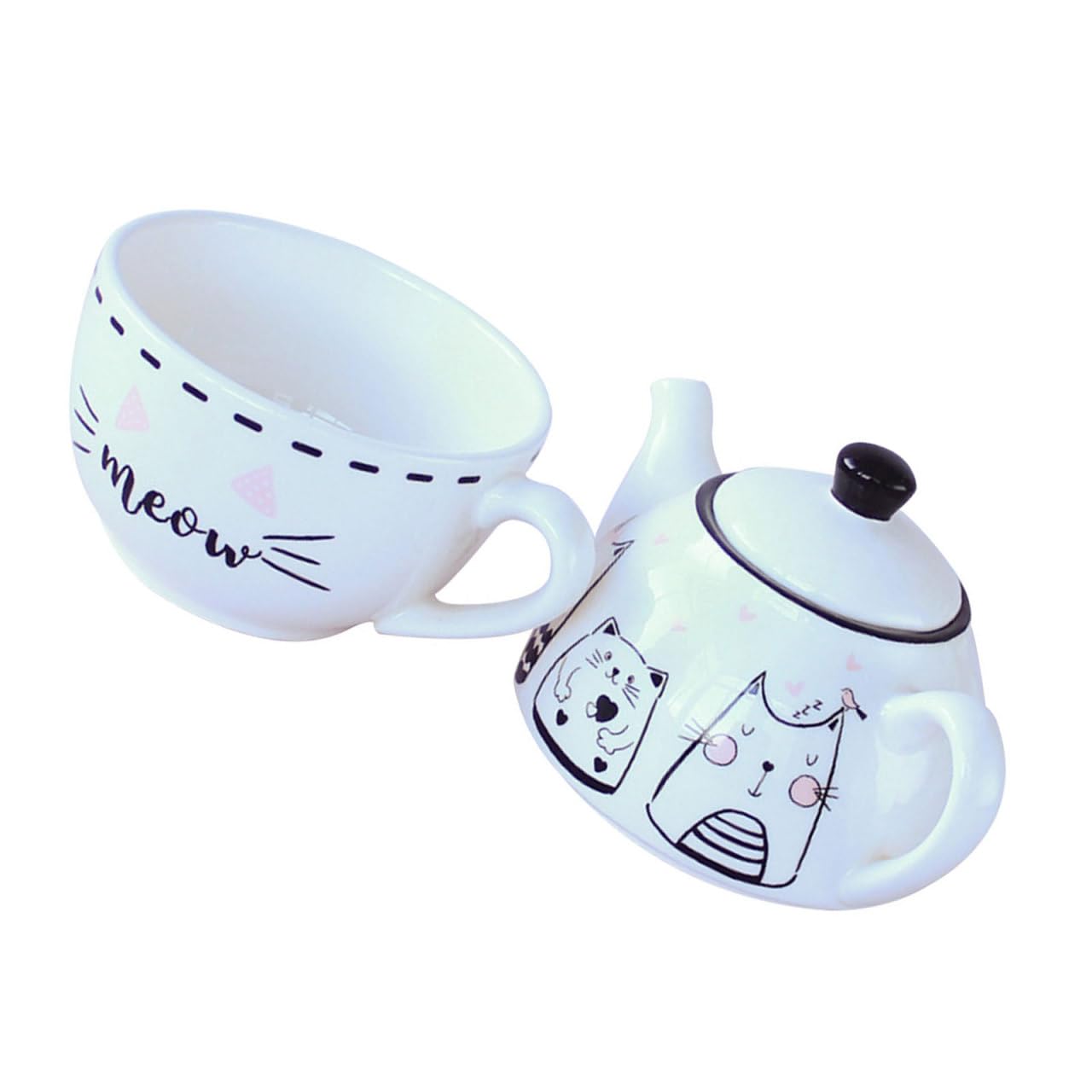 Juego de tetera y taza de gato en cerámica clara para decorar tu hogar y disfrutar de tus tés