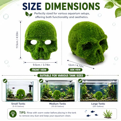 Image of VAYINATO Moss Skull Aquarium Decoration - Resin Hollow Hideout Cave for Betta, Shrimp & Small Fish | Natural Moss Look Tank Ornament | Safe & Durable Aquascaping Decor