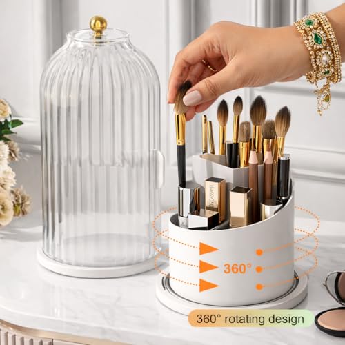 Image of DecorTwist 360 Rotating Makeup Brush Holder with Lid, Dustproof & Waterproof Transparent Cosmetic Organizer for Vanity, Dressing Table | Gift for Valentine, Anniversary, Birthday