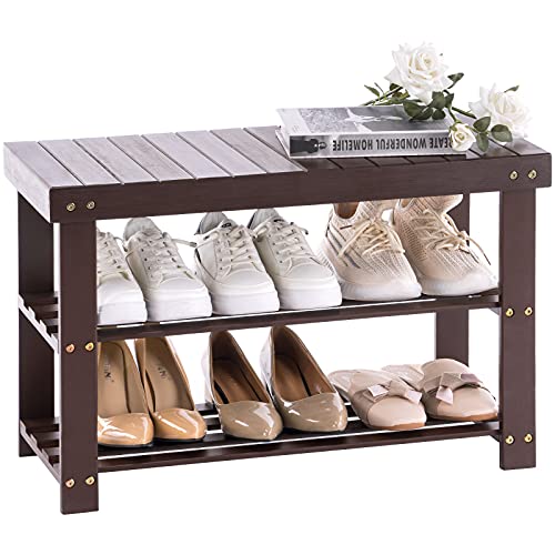 APICIZON Étagère à chaussures en bambou avec 3 étagères, meuble à chaussures avec banc 70 x 28 x 45 cm, banc de couloir idéal pour couloir, salon, salle de bains, couloir, marron, AP-SF2201 Cover