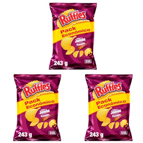 Ruffles Jamón, Patatas Fritas con sabor a jamón, Producto de Aperitivo, bolsa familiar, 243 gr (Paquete de 3)