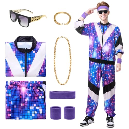 Ficlwigkis 80er 90er Jahre Outfit Herren Damen Disco Outfit Bad Taste Outfit Retro Trainingsanzug Herren Damen Jogginganzug mit Stirnband Armbänder Halsketten Armband Brille für Karneval (Blau L)