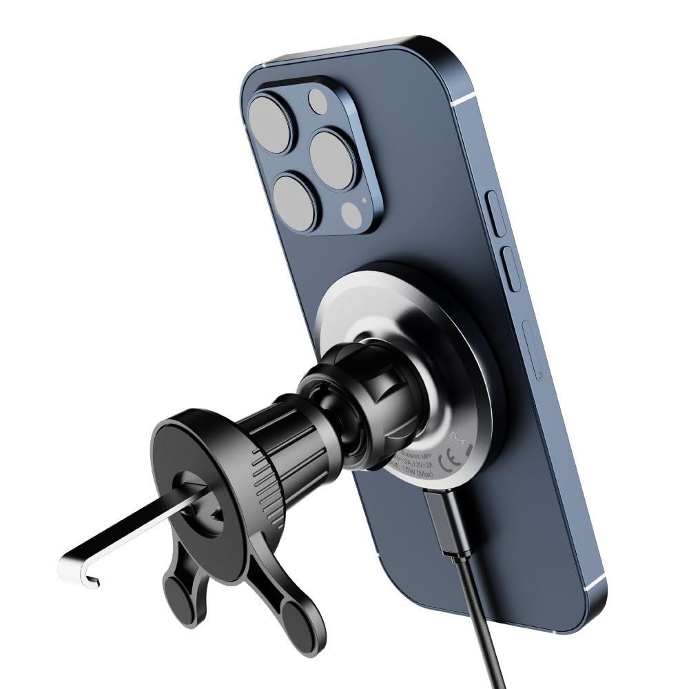 Nevox Qi2 - Caricatore da auto wireless da 15 W, compatibile con MagSafe, supporto magnetico per griglia di ventilazione dell'auto, ricarica rapida con Qi2, forte forza magnetica, design in alluminio