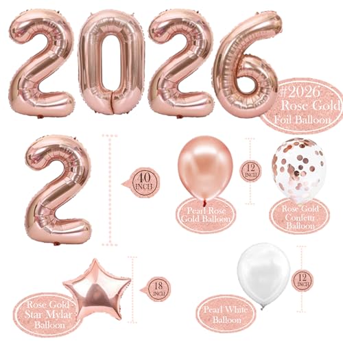 Image of JOJO FLY Rose Gold Graduation Decorations 2026, Rose Gold 2026 Balloons, Rose Gold and White Balloons Set, Foil Curtain, Graduation Balloons, Class of 2026