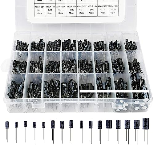 Nizirioo Lot de 500 condensateurs électrolytiques en aluminium 0,1 uF à 1000 uF avec boîte de rangement, 10 V 16 V 25 V 50 V