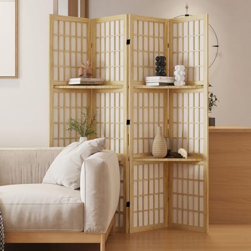 Room Divider with Shelves, 66.9-Inch Tall Japanese Shoji Style Wood