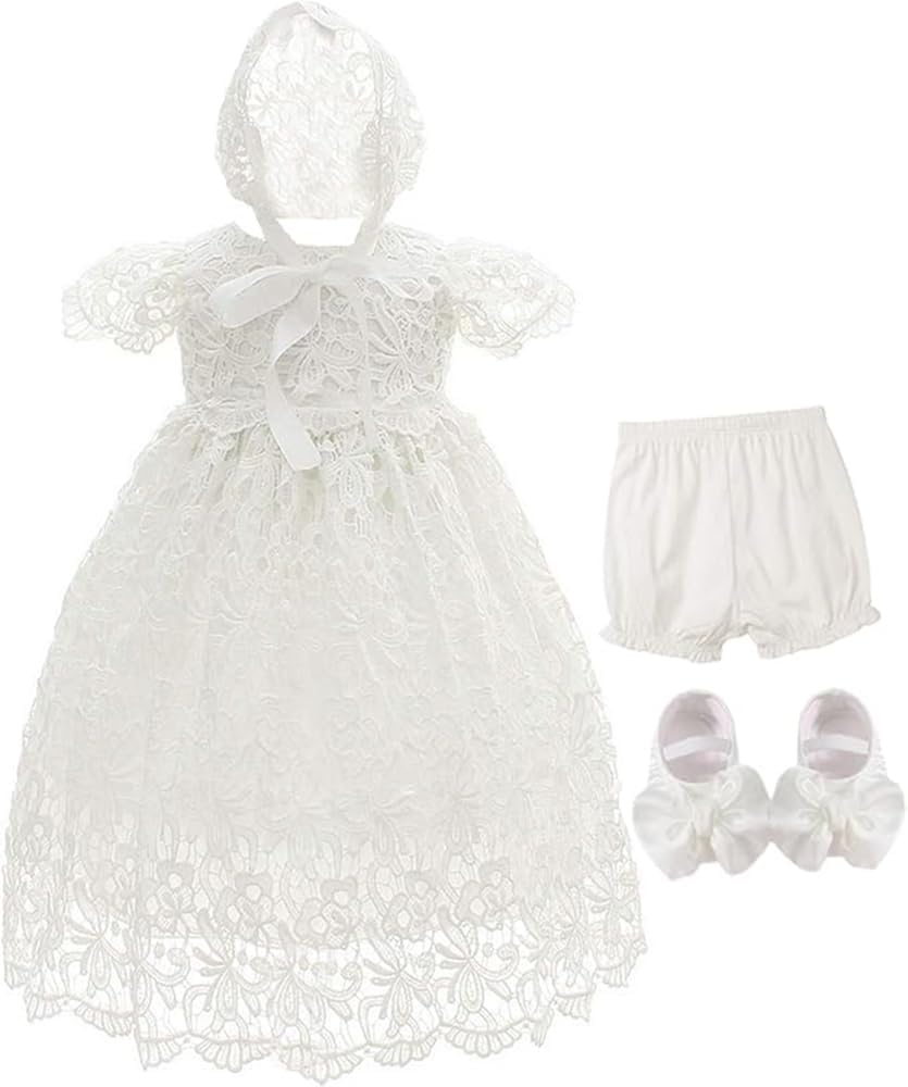 Baby Girls 4Pcs Gown and Bonnet Christening Baptism Dress Lace Baby Dress