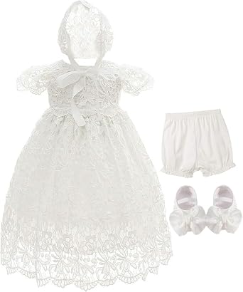Bow Dream Baby Girls 4 Pcs Gown and Bonnet Christening Baptism Dress Lace Baby Dress