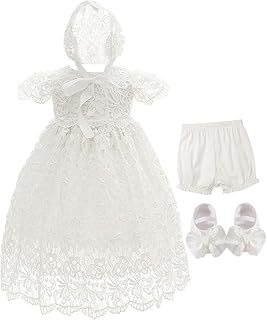 Bow Dream Baby Girls 4 Pcs Gown and Bonnet Christening Baptism Dress Lace Baby