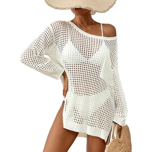 Bsubseach Crochet Cover Up for Swimwear Women Pool Swimsuit Coverup Long Sleeve Beach Knit Tops White