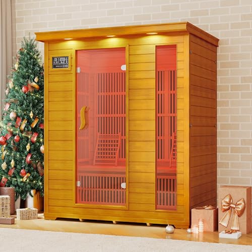 springspa 3 Person Infrared Sauna Indoor Home Sauna, Low EMF Far Infrared Canadian Hemlock Dry Saunas Room with 2 LCD Panels, 2820W/240V 15amp, 7-Color Light Therapy, 60.24'x43.31'x74.8'
