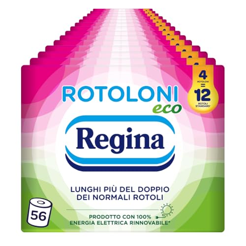 Regina Rotoloni Eco Regina Rotoloni Eco Carta Igienica, Confezione da 56 Rotoli a 2 Veli, 500 Strappi per Rotolo, Bianca e Decorata, Packaging in Carta Riciclabile, Carta 100% Certificata FSC