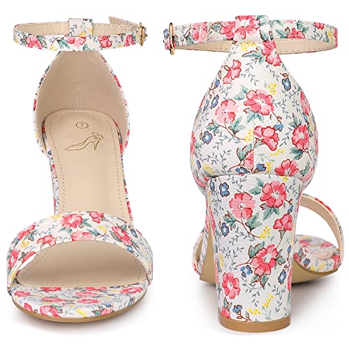 Perphy Floral Printed Open Toe Ankle Strap Chunky Heel Sandals for Women2