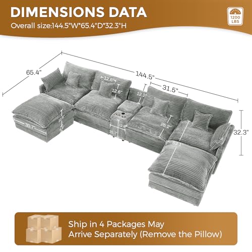 Image of 145 inch Oversized U Shaped Modular Sectional Sofa with Ottoman, Comfy Fluffy Soft Corduroy, Large Cloud Couch with USB Port, Cup Holder and Storage Central Console for Living Room, Light Grey