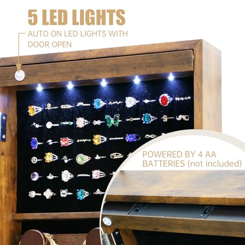 MASMIRE Full Length Mirror Jewelry Cabinet Organizer Lockable Door Wall-Mounted Jewelry Armoire with Shelves and Behind the Door Storage Rustic Brown