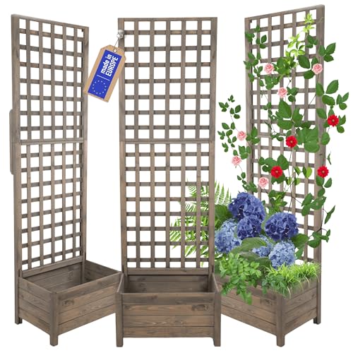 MODO24 Blumenkasten aus Kiefernholz mit Rankgitter, Pflanzkübel mit Spalier Rankhilfe, Hochbeet, Blumenkübel Outdoor Holzkiste für Garten Terrasse Balkon, 190x60x40, Farbe: Grau, Imprägniertes Holz
