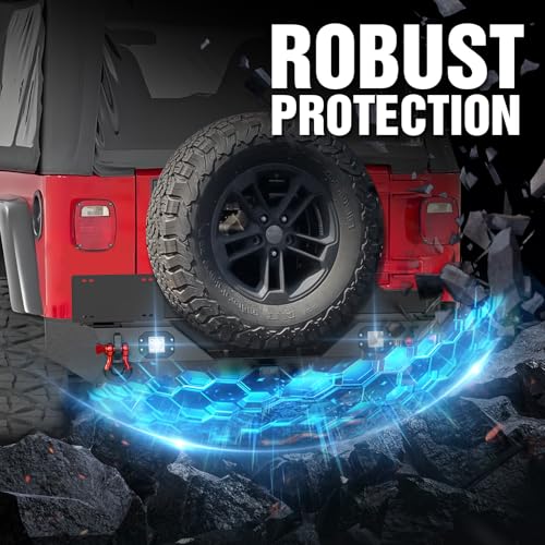 Image of for Wrangler TJ YJ LJ Rear Bumper with Adjustable Spare Tire Carrier Compatible with 1987-2006 Jeep Wrangler TJ YJ LJ with LED Lights, License Plate Frame, 2 inch Hitch Receiver & D-rings, Black