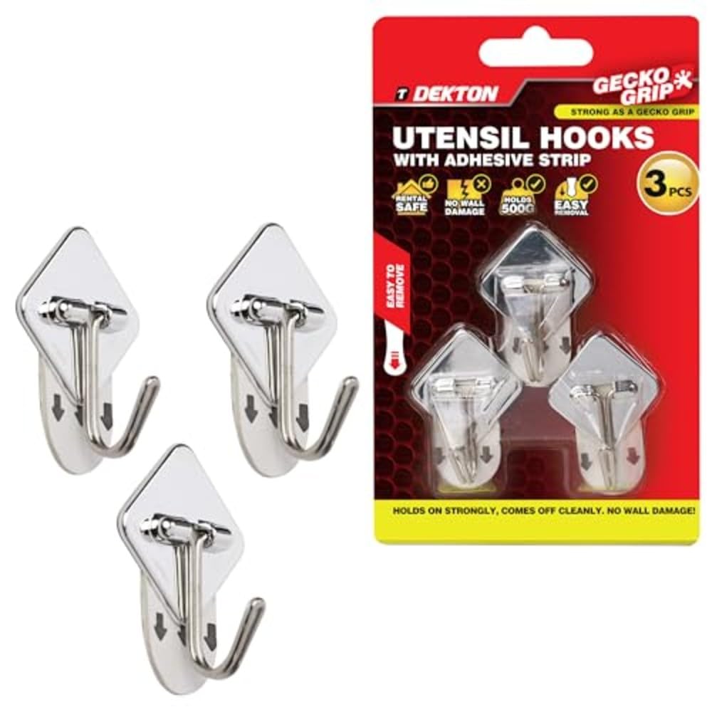 Dekton Chrome Geckogrip Utensil Hooks 3Pc - Strong Adhesive Wall Hooks, Rental Safe, Holds Up To 500G, Easy To Apply & Remove - Ideal For Kitchen Utensils & Household Storage