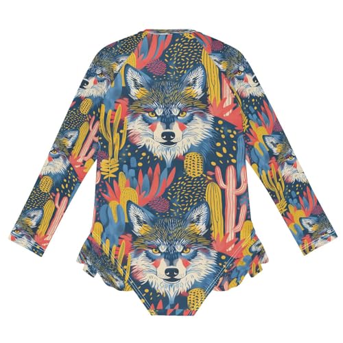 Wolfs Face Cacti Girls Long Sleeve Swimsuits One Piece Zipper Bathing Suit UPF 50+ Rashguard Swimwear 5