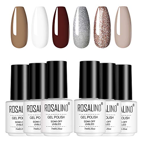ROSALIND Gel Semi Permanents Nude Grey paillette Vernis à Ongles Pure Couleur UV LED Soak off pour Nail Art Débutant 6 Couleurs Kit 7ml